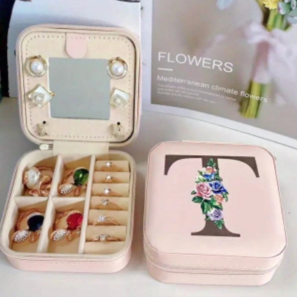 Pink Jewelry Box with floral letter “T” for rings necklaces earrings and mirror